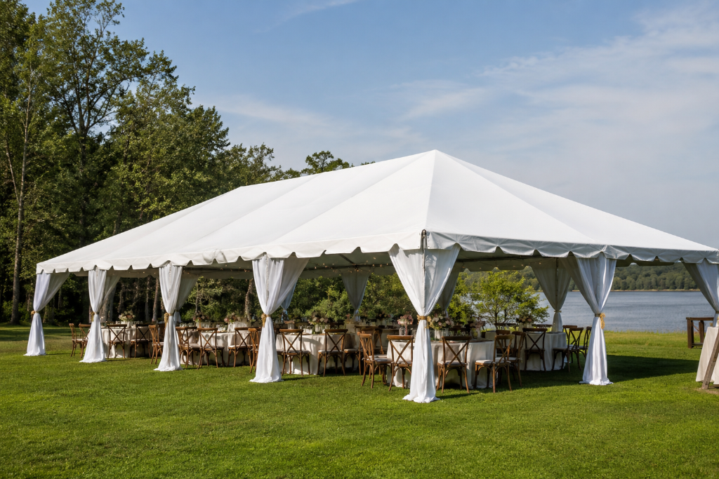 Large white frame tent with draped sides and round tables set lakeside