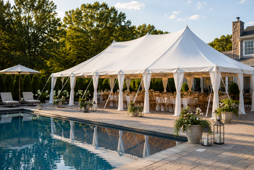 Elegant white high-peak tent beside swimming pool with floral décor